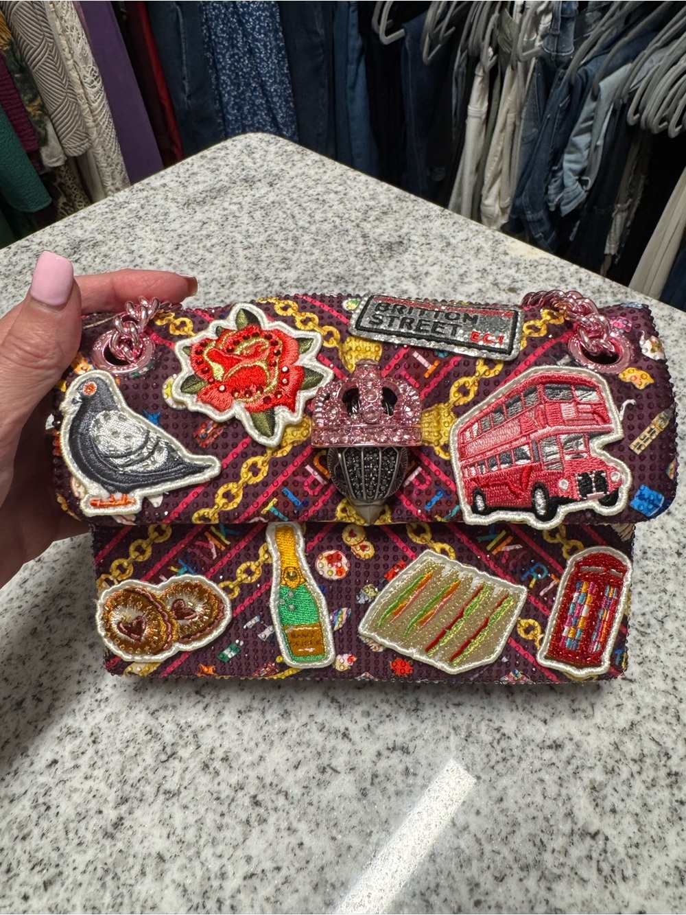 Kurt Geiger Burgundy Embellished Patchwork Sequin Crossbody